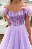 Off Shoulder Beaded Lilac Tulle Long Prom Dresses, Off the Shoulder Purple Formal Dresses KPP1732