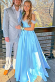 Off the Shoulder Beaded Light Blue Satin Long Prom Dresses KPP1733