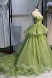 Green Tulle Long Prom Dresses A-Line Evening Dresses With Train KPP1734
