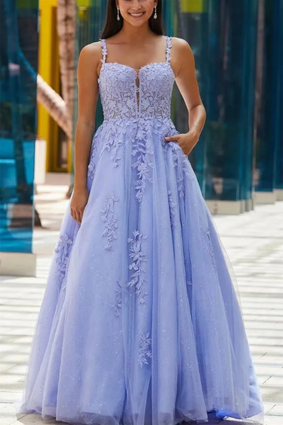 Open Back V Neck Purple Blue Lace Prom Dresses, Long Prom Dresses KPP1735