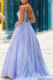 Open Back V Neck Purple Blue Lace Prom Dresses, Long Prom Dresses KPP1735