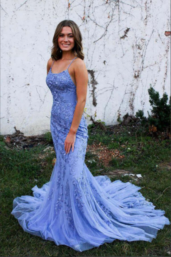 Blue Tulle Mermaid Spaghetti Straps Lace Appliques Long Prom Dresses KPP1736