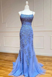 Blue Tulle Mermaid Spaghetti Straps Lace Appliques Long Prom Dresses KPP1736
