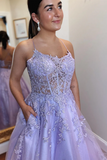 Open Back Purple Lace Tulle Long Prom Dress, Purple Lace Formal Dress KPP1737