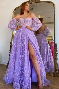 Open Back Long Sleeves Purple Lace Prom Dresses with High Slit KPP1738