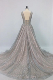 Shiny V Neck Open Back Champagne Long Prom Dresses, Formal Graduation Dress KPP1739