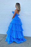 Strapless Layered Blue Long Prom Dresses, Open Back Blue Formal Evening Dresses, Blue Ball Gown KPP1740
