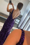 Charming Mermaid Deep V Neck Purple Sequins Long Prom Dresses KPP1741