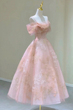 Pink Tulle Lace Short A Line Prom Dress, Cute Off the Shoulder Party Dress KPP1742