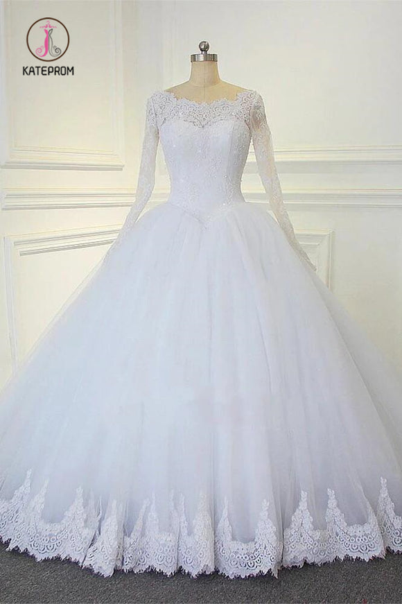 White Ball Gown Long Sleeves Bridal Dresses with Lace, Gorgeous Wedding Dresses KPW0283