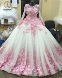 Ball Gown New Style Long Sleeve Tulle Prom Dress with Pink Flowers, Ivory Wedding Dress KPW0284