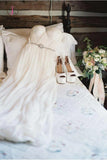 Simple Off the Shoulder Beach Wedding Dress with Beading Waist, Ivory Wedding Dress KPW0287