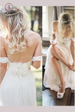 Simple Off the Shoulder Beach Wedding Dress with Beading Waist, Ivory Wedding Dress KPW0287