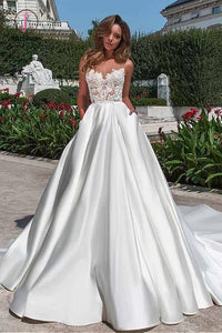 Charming Sheer Neckline A-line Satin Wedding Dress With Pockets Lace Appliques KPW0289