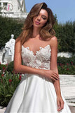 Charming Sheer Neckline A-line Satin Wedding Dress With Pockets Lace Appliques KPW0289