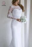 Elegant Lace Long Sleeves Mermaid White Wedding Dress with Train, Bridal Dress KPW0290