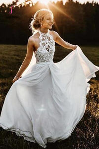 A-Line Halter Sleeveless Chiffon Floor Length Beach Wedding Dress with Lace Top KPW0291