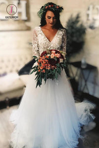 Long Sleeve Lace Tulle Boho Wedding Dresses Rustic Bridal Dress, Beach Wedding Dress KPW0292