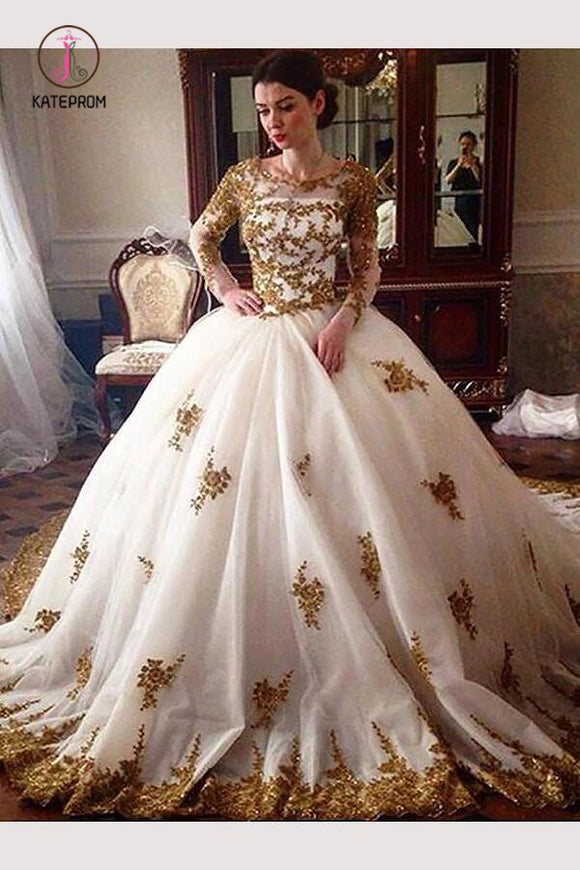 Ball Gown Long Sleeves Tulle Wedding Dress with Gold Appliques, Ivory Long Bridal Dress  KPW0293
