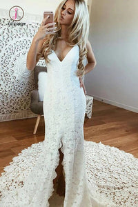 Sexy Mermaid Spaghetti Straps Backless Beach Lace Wedding Dress, Lace Bridal Dress KPW0294
