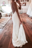 Sexy Mermaid Spaghetti Straps Backless Beach Lace Wedding Dress, Lace Bridal Dress KPW0294