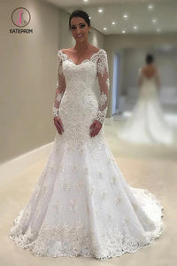 New Style Mermaid Wedding Dresses V Neck Long Sleeve Tulle With Applique and Beads KPW0297