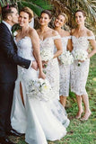 Elegant Sheath Off the Shoulder Tea Length White Lace Bridesmaid Dress KPB0014