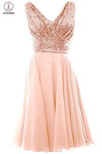 Blush Pink V Neck Sleeveless Chiffon Short Bridesmaid Dress with Rose Gold Sequins,Prom Gown KPB0013