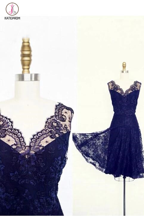 Vintage Short Lace Royal Blue Bridesmaid Dresses,V-neck Sleeveless Wed kateprom Vintage Short Lace Royal Blue Bridesmaid Dresses,V-neck Sleeveless Wed kateprom