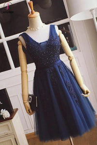 A-line Bridesmaid Dresses,Tulle with Lace Appliqued Navy Blue Short Prom Dresses,Mini Dress KPB0008