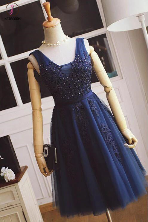 A-line Bridesmaid Dresses,Tulle with Lace Appliqued Navy Blue Short Pr kateprom A-line Bridesmaid Dresses,Tulle with Lace Appliqued Navy Blue Short Pr kateprom