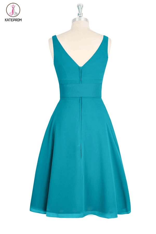 A-line V-neck Chiffon Turquoise Short Bridesmaid Homecoming Dresses KP –  kateprom
