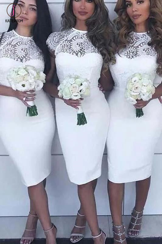White Lace Top Cap Sleeves Knee Length Sheath Short Bridesmaid Dresses KPB0028