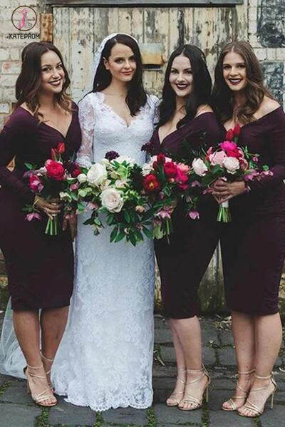 Knee Length Dark Purple Long Sleeve V Neck Sheath Bridesmaid Dress KPB kateprom Knee Length Dark Purple Long Sleeve V Neck Sheath Bridesmaid Dress KPB kateprom