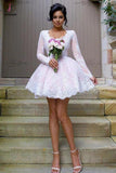 Short A-line V-neck Tulle Appliques Lace Long Sleeve Unique Bridesmaid Dresses KPB0023