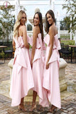 High Low Strapless Bridesmaid Dress, Pink Short Bridesmaid Dress with Bow KPB0019