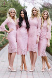 Knee Length Pink Lace Sheath Bridesmaid Dress with Sleeves, Lace Prom Dress KPB0017