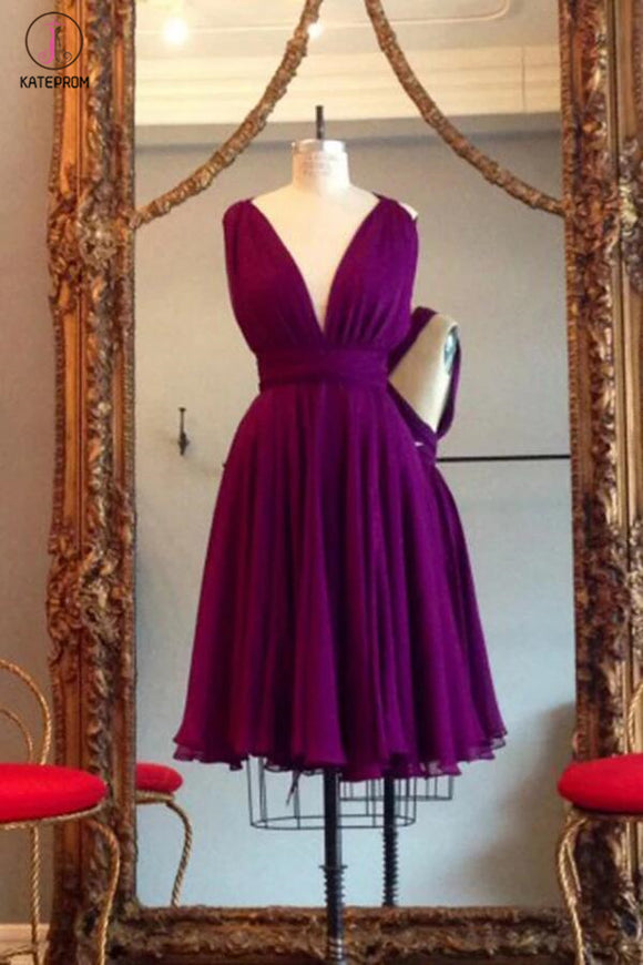 A Line V Neck Purple Sleeveless Chiffon Bridesmaid Dress, Knee Length Homecoming Dresses KPB0016