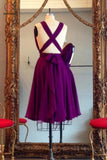 A Line V Neck Purple Sleeveless Chiffon Bridesmaid Dress, Knee Length Homecoming Dresses KPB0016