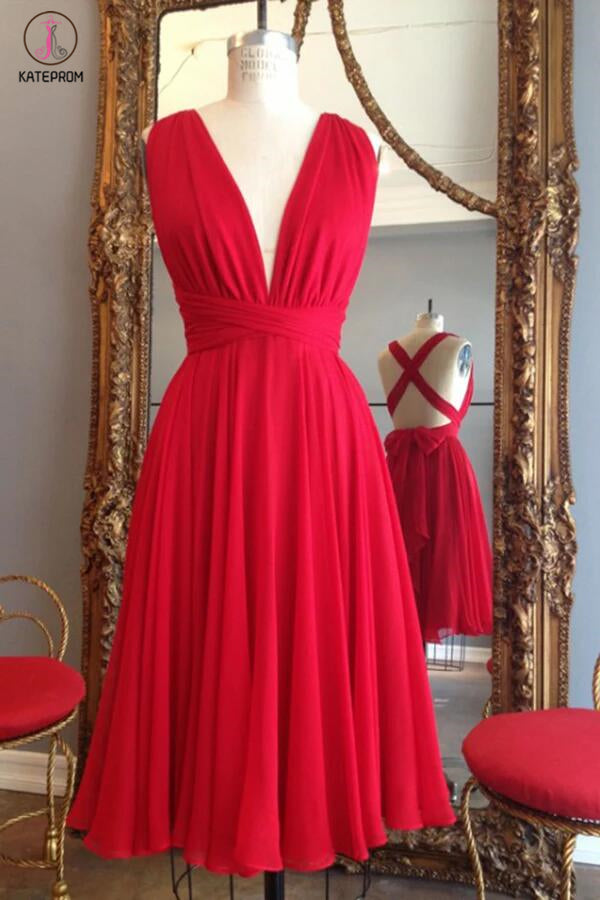 Red Knee Length Deep V Neck Sleeveless Chiffon Prom Dress, Homecoming – kateprom