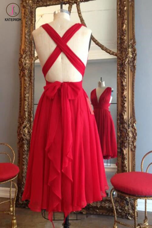 Red Knee Length Deep V Neck Sleeveless Chiffon Prom Dress, Homecoming kateprom Red Knee Length Deep V Neck Sleeveless Chiffon Prom Dress, Homecoming kateprom