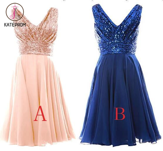 Blush Pink V Neck Sleeveless Chiffon Short Bridesmaid Dress with Rose kateprom Blush Pink V Neck Sleeveless Chiffon Short Bridesmaid Dress with Rose kateprom