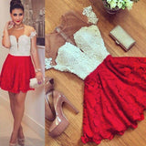 Red Lace Short Sleeve Homecoming Dress,Cheap Cocktail Dresses,Party Dresses KPH0205