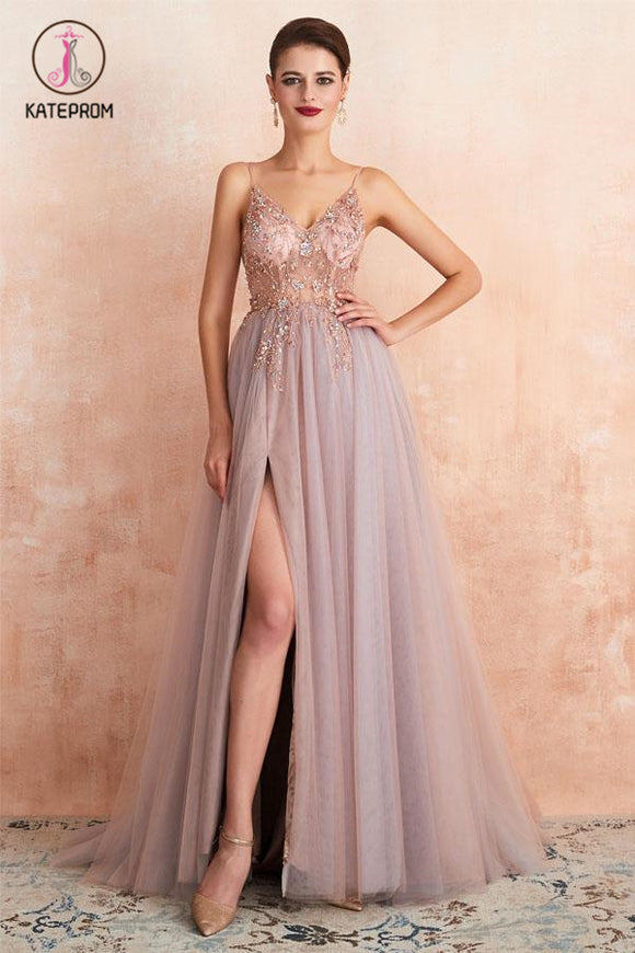Kateprom Straps A-Line Beading Rose Split Tulle Prom Dress With Crystal KPP0968