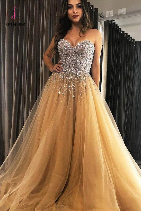 Kateprom Sweetheart Champagne Tulle Sweep Train Prom Evening Dresses With Beading KPP0970