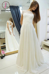 A-line Wedding Dress,Beach Wedding Gown,Sweep Train Cap Sleeves Bridal Dress with Lace KPW0038