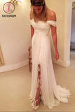 A-Line Off-the-Shoulder Wedding Dresses,Long Chiffon Beach Wedding Dress with Lace Split KPW0039
