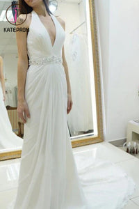 A-line Halter Chiffon Wedding Dress,Backless Court Train Bridal Dresses,Beach Wedding Dress KPW0040