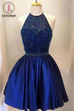 Royal Blue Short Prom Dress,Beading Halter Short Backless Satin Homecoming Dress,Cocktail Dress KPH0069
