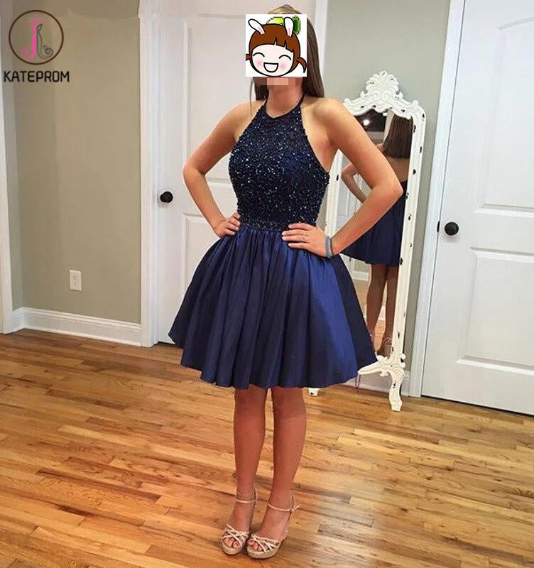 Royal Blue Short Prom Dress,Beading Halter Short Backless Satin Homeco –  kateprom